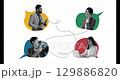 Contemporary art collage. Group of people, business partners communicating, teamwork, teleworking. Having online discussion. Concept of communication, cooperation 129886820
