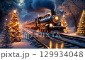 Experience a magical winter train ride through a snowcovered forest, illuminated by twinkling lights and stars, offering a breathtaking night view filled with joy and holiday spirit 129934048