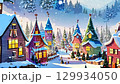 In a winter village, colorful houses and festive trees with twinkling lights stand out against the snowy landscape, creating a warm and cheerful atmosphere perfect for the holiday season 129934050
