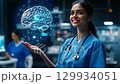 A skilled female medical professional uses advanced equipment and has a digital brain in a hightech setting, symbolizing the crucial connection between healthcare and evolving technology 129934051
