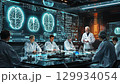 Clinic, healthcare professionals explore neuroscience brain glowing hologram and technology to enhance patient outcomes, illustrated by a detailed visual of the brains intricate structure 129934054