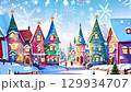 In a winter village, colorful houses and festive trees with twinkling lights stand out against the snowy landscape, creating a warm and cheerful atmosphere perfect for the holiday season 129934707