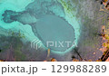 Beautiful Blue Geyser lake with thermal springs that periodically throw blue clay and silt from the ground. Aerial top down drone view. Geyser Lake is a natural attraction near Aktash, Altai mountains 129988289