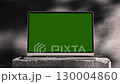 Laptop Computer with Green Screen for Chroma Key Stone. Zoom In Mock Up Working PC with Greenscreen for Chromakey on Nature Color Background. Web Presentation of Electronic 3d Object with Horizon View 130004860