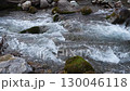 Panoramic slow motion video with horizontal camera turn overlooking turbulent flows of mountain river created by small rapids and waterfalls. Wild nature reserves and national parks in far terrain 130046118
