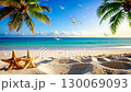 Empty wooden planks overlooking a beautiful tropical beach with palm trees. 130069093