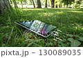 Digital tablet showing scientific data and education in a nature setting 130089035