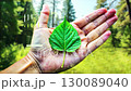 Hand holding green leaf with digital overlay 130089040