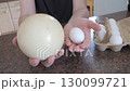 Visual comparison of ostrich egg and chicken egg in human hands 130099721