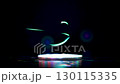 Futuristic glowing circular stage or pedestal on a dark reflective surface with vibrant colorful reflections. Abstract green light streaks and arcs float above, creating a dynamic, modern backdrop. 130115335