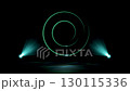 Abstract background with a glowing neon green spiral centered on a dark stage, illuminated by two teal spotlights. Dynamic light beams reflect on the floor, creating a futuristic effect. 130115336