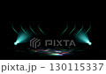 Abstract dark stage background with two teal spotlights illuminating a floor reflecting colorful light patterns. Green laser lines arc above, perfect for concert visuals, events, or product displays. 130115337