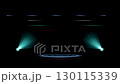 Dark stage background with dual teal spotlights shining on a glowing concentric circle platform. Dynamic light trails above suggest motion or data, ideal for tech or product display. 130115339