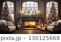 A Fireplace Decorated With Christmas Tree 130125668