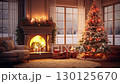 A Fireplace Decorated With Christmas Tree 130125670