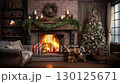 A Fireplace Decorated With Christmas Tree 130125671