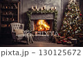 A Cozy Fireplace Decorated With Christmas Tree 130125672