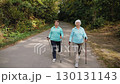 Senior women Nordic walking in forest 130131143