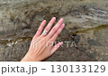 A landscape video showing a close up of a woman hand with an oval diamond engagement ring or wedding band, filmed near the shore with natural light. 130133129