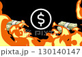 Burning money. Burning dollars money against black background. Money. Concept of financial crisis, bankruptcy, business lost. Dollar sign on fire lost money. Financial disaster	 130140147