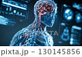 Futuristic medical illustration of a human body scan with a highlighted brain, visualized through virtual MRI or X - ray imaging. Modern diagnostic technologies, neurology, and the integration of AI 130145856