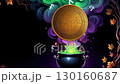 Cauldron with colorful smoke and glowing magic symbols. Bright fantasy animation of a gold coin appearing, evoking luck and leprechaun lore. Generative AI video. 130160687