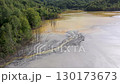 Patterns of acid mine drainage in decanting lake, nature pollution, aerial view 130173673