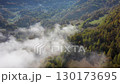 Aerial view of morning fog above colorful autumn forest canopy 130173695