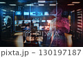 Android interacts with a virtual interface displaying satellite data 130197187