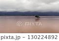 Flooded river landscape with muddy brown water covering trees, dramatic cloudy sky and misty mountains in the background, capturing natural disaster and environmental impact 130224892