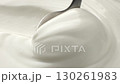 Close-up spoon scooping natural yogurt from package, fresh and creamy dessert, concept video for commercial 130261983