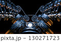3D Animation of Engine Mechanism in Motion with Pistons, Valves and Gears. Internal Combustion Cinematic Rendered in Blue and Orange Lighting. Modern Industrial Background Footage Closeup 4k 130271723