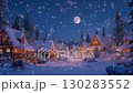 クリスマスの雪降る夜に輝くスノーマンと冬のログハウス村 130283552