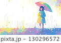 動畫插圖：一個女孩在雨天撐著一把彩色雨傘 130296572
