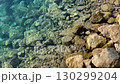 Clear turquoise water and rocky shoreline create a serene natural background for coastal themes video 130299204