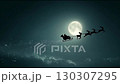 Sleigh with reindeer flying across a starry night sky, illuminated by a bright full moon, creating a magical atmosphere 130307295