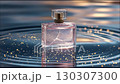 Elegant perfume bottle with a golden cap is floating on shimmering water, surrounded by colorful glitter 130307300