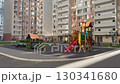 Chisinau Moldova modern residential complex apartment buildings with playground, landscaped recreational areas with benches, and pedestrian walkways within a gated area on a summer day. 130341680