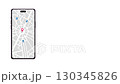 Smartphone screen displaying animated city map with pulsing red pinpoint and moving blue cars, symbolizing ridesharing, taxi booking, GPS navigation. Banner with copy space. 130345826