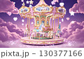 Beautiful carousel features vibrant horses in a pastel environment filled with fluffy clouds, twinkling stars, and whimsical decorations, creating a magical atmosphere for all 130377166