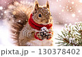 Cute squirrel wears vibrant red scarf while gripping pine cone. Surrounding landscape features fresh snow and gentle snowfall, creating peaceful winter ambiance 130378402
