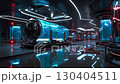 A futuristic space station with blue and red lights 130404511