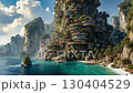 A futuristic city on a cliff overlooking a body of water 130404529