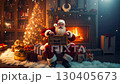A santa claus sitting in front of a fireplace holding a boombox 130405673