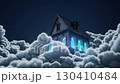 House with glowing windows floating in clouds under night sky. Dream fantasy concept 130410484
