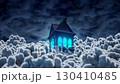 Spooky house with glowing windows above clouds at night, surreal fantasy scene 130410485