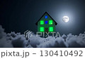 Floating house with colorful windows in clouds under full moon, surreal night scene 130410492