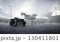 Futuristic military base with robots and aerial ship. 3d rendering. 130411801