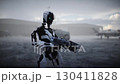 Robot with gun. Futuristic military base with robots and aerial ship. 3d rendering. 130411828