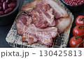 Cooked fried crispy bacon as an ingredient of a delicious English breakfast. Pieces of fried bacon as a background for your design 130425813